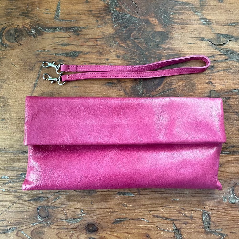 Lumiani Pink Leather Foldover Clutch & Strap NEW
